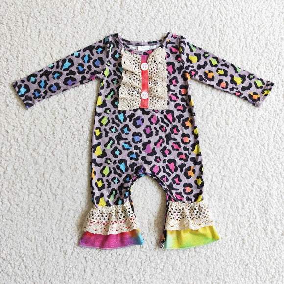 Leopard Print Lace Gray Girls Fall Romper