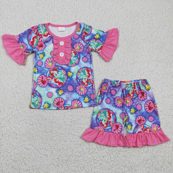 Promotional Cartoon Mermaid Fish Ruffles Girls Short Sleeve Pajamas