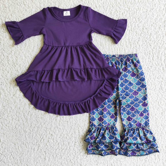 Solid Purple Asymmetric Mermaid Girls Long Sleeve+Trousers Sets