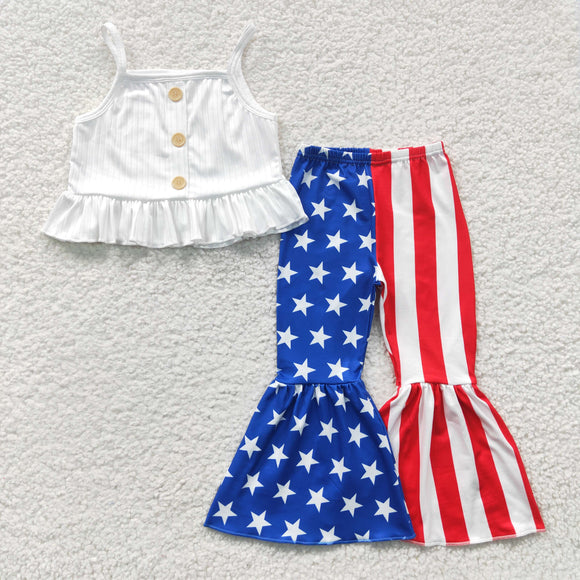 White Ruffles Vest Patchwork Girls 4th of July Outfits