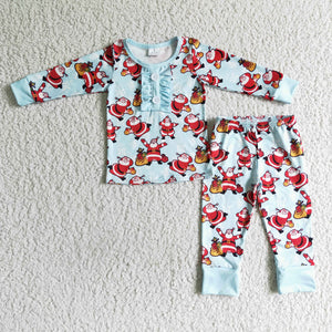 Santa Sky Blue Ruffles Girls Christmas Pajamas