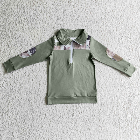 Promotional Jungle Deer Duck Camo Plaid Green Polo Boys Long Sleeve Top