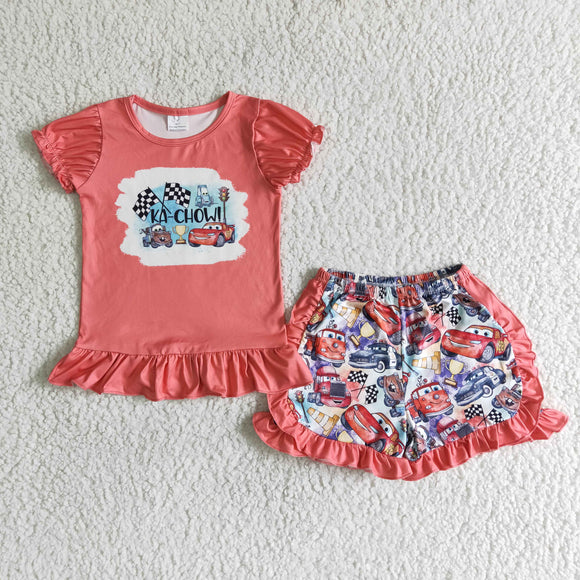 Cartoon Car Coral Girls Shorts Sets