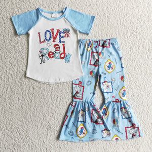Promotional Cartoon Cats Reading Love Read Sky Blue White Girls Short Sleeve+Trousers Sets