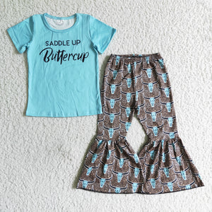 Promotional Saddle Up Buttercup Letters Girls Short Sleeve+Trousers Sets