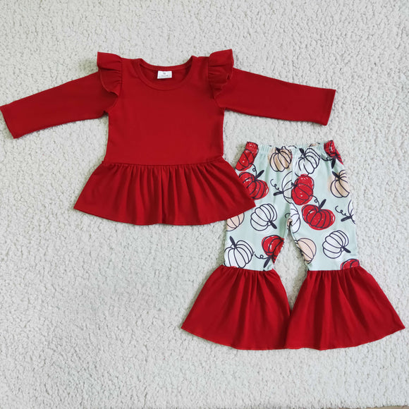 Pumpkin Red Ruffles Girls Long Sleeve+Trousers Sets