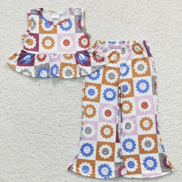 Smile Floral Plaid Girls Short Sleeve+Trousers Sets