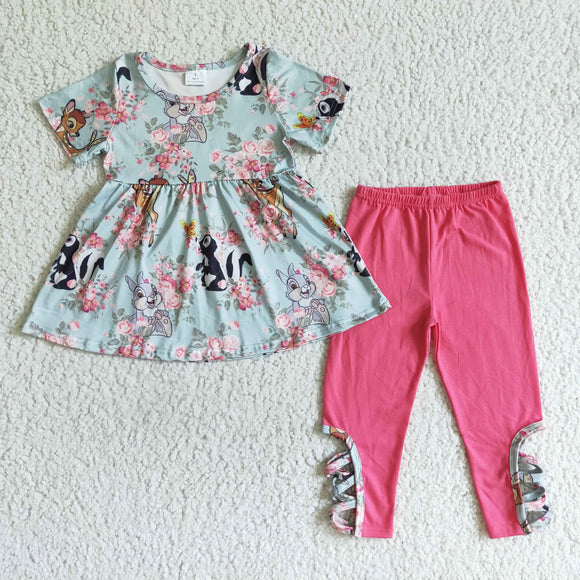 Deer Floral Hot Pink Legging Girls Short Sleeve+Trousers Sets