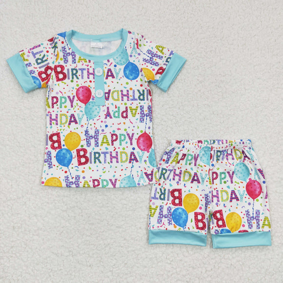 Happy Birthday Balloon Sky Blue Boys Short Sleeve Pajamas