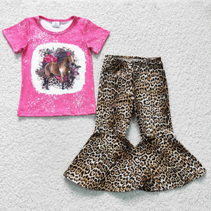 Horse Floral Hot Pink Leopard Print Girls Short Sleeve+Trousers Sets