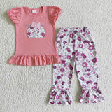 Bow Floral Pumpkin Pink White Girls Short Sleeve+Trousers Sets