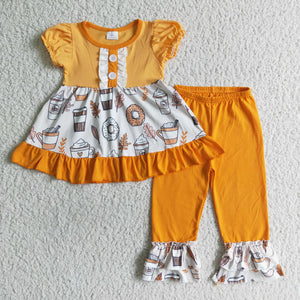 Pumpkin Donuts Orange Girls Short Sleeve+Trousers Sets