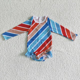 Blue Red Stripes Long Sleeve Girls Swimsuits