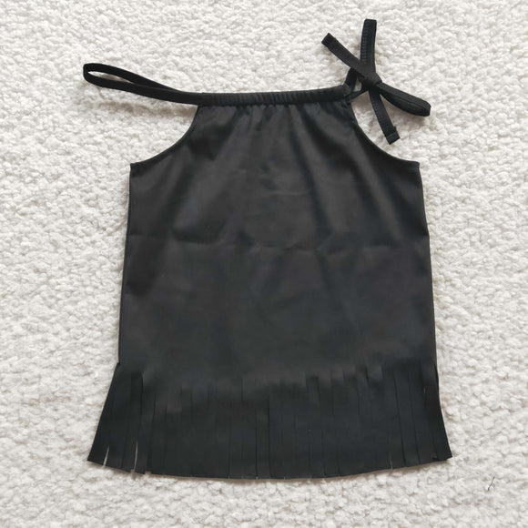 Solid Black Tassels Suede Girls Sleeveless Top