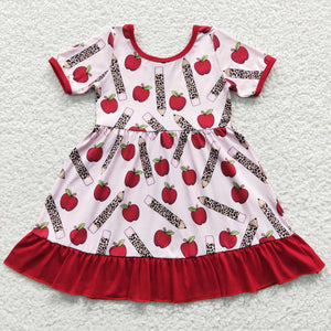 Apple Pencil Red Ruffles Girls Back to School Dress