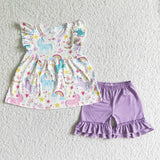 Promotional Unicorn Purple Ruffles Girls Shorts Sets