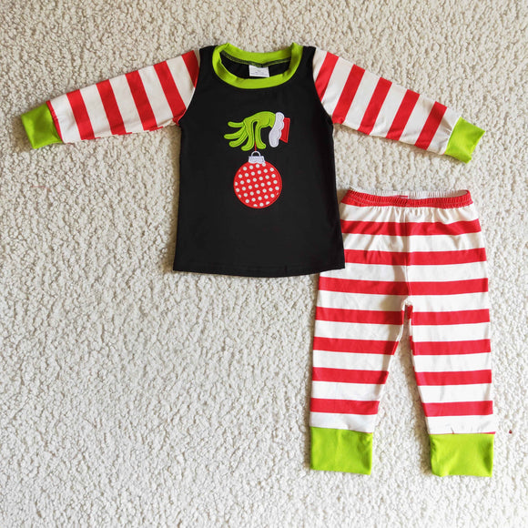 Cartoon Embroidery Red Stripe Black Boys Christmas Pajamas