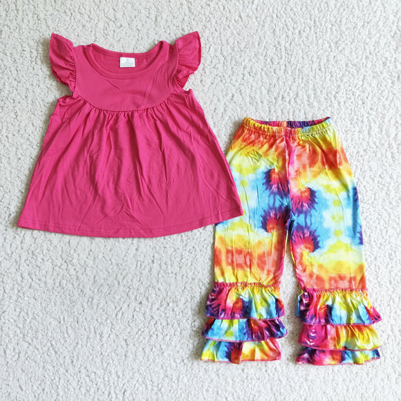 Promotional Hot Pink Tie Dye Girls Short Sleeve+Trousers Sets