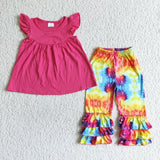 Promotional Hot Pink Tie Dye Girls Short Sleeve+Trousers Sets