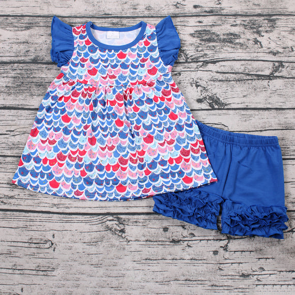 Promotional Blue Scale Cartoon Girls Shorts Sets