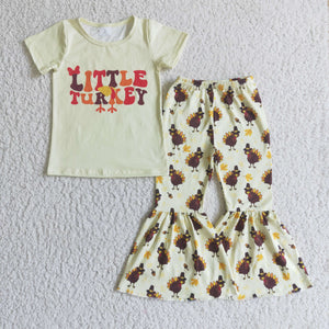 Promotional Little Turkey Letters Light Yellow Girls Thanksgiving Outfits