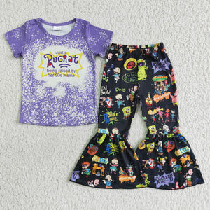 Promotional Cartoon Purple Girls Short Sleeve+Trousers Sets