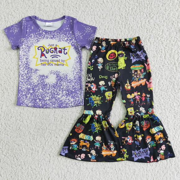 Promotional Cartoon Purple Girls Short Sleeve+Trousers Sets