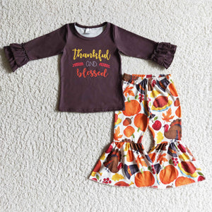 Thankful Blessed Letters Turkey Pumpkin Girls Thanksgiving Outfits