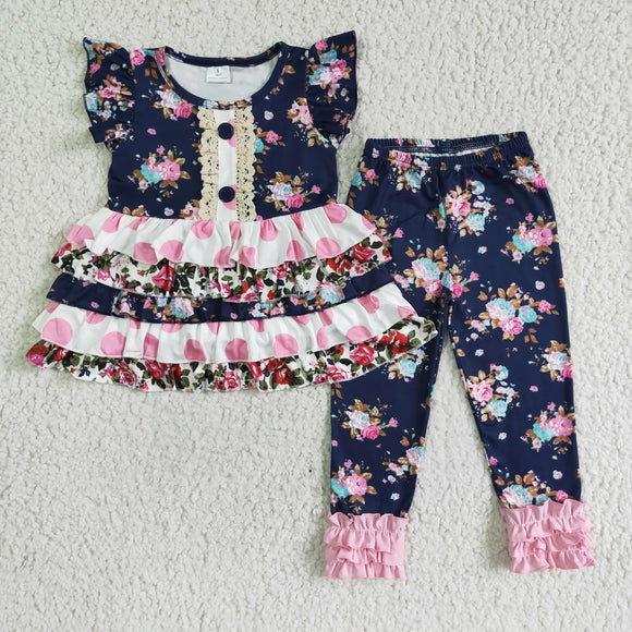 Floral Navy Girls Short Sleeve+Trousers Sets