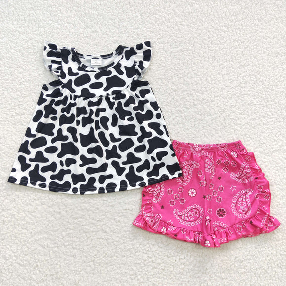 Cow Print Hot Pink Girls Shorts Sets
