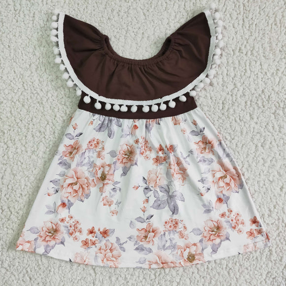 Promotional Brown Floral Pompoms Girls Flutter Sleeve Dress