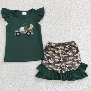 Jungle Hunting Dog Camo Green Girls Shorts Sets
