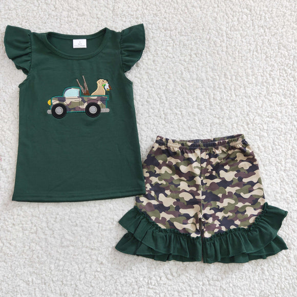 Jungle Hunting Dog Camo Green Girls Shorts Sets