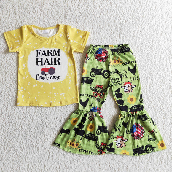 Promotional Farm Hair Tractor Yellow Girls Short Sleeve+Trousers Sets