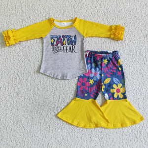 Promotional Faith over Fear Floral Yellow Girls Long Sleeve+Trousers Sets