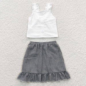 Promotional White Black Plaid Girls Skirt Sets
