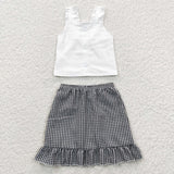 Promotional White Black Plaid Girls Skirt Sets