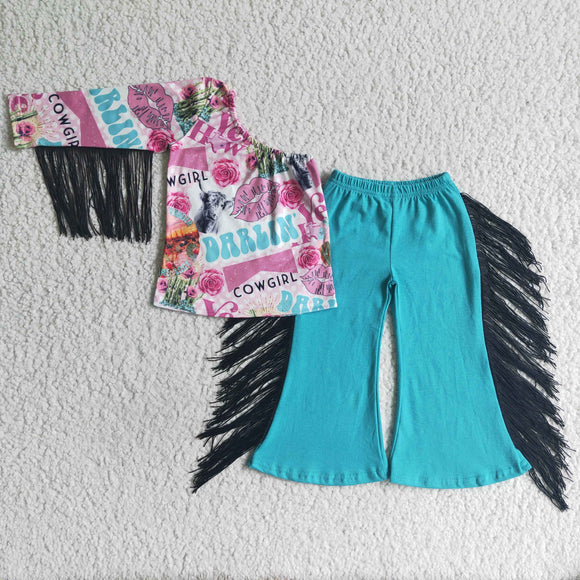 Promotional One Shoulder Cowgirl Tassels Girls Long Sleeve+Trousers Sets