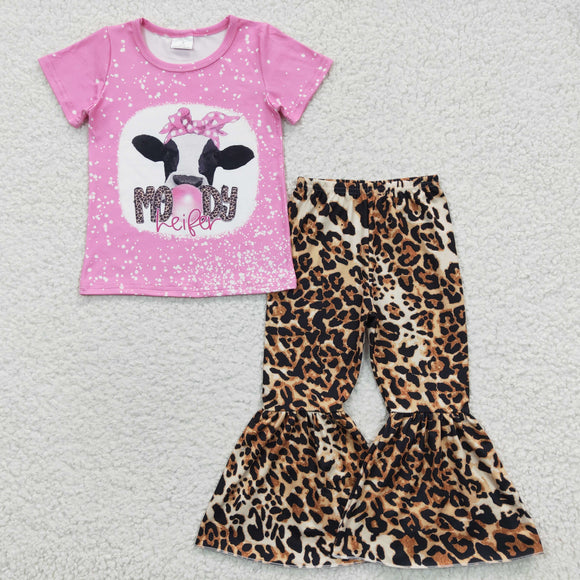 Moody Leopard Print Pink Girls Short Sleeve+Trousers Sets