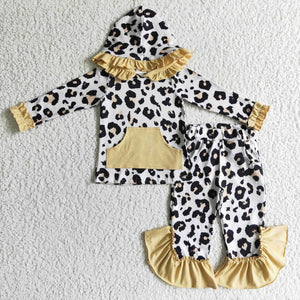 Leopard Print Khaki Ruffles White Girls Fall Hoodie Sets