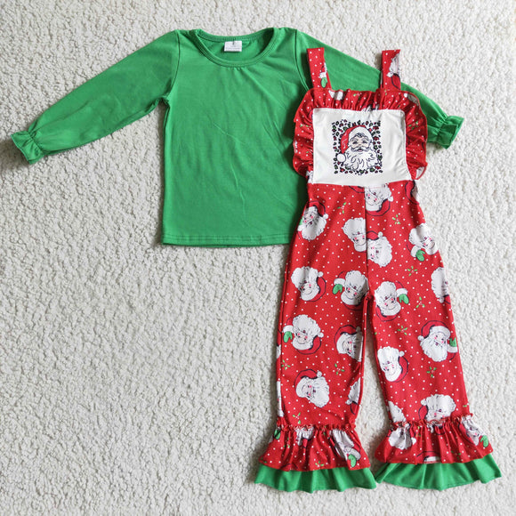 Santa Top Suspender Pants Sets Girls Christmas Outfits
