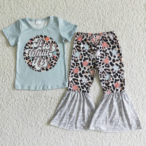 Promotional It is what it is Leopard Print Light Blue Star Girls Short Sleeve+Trousers Sets