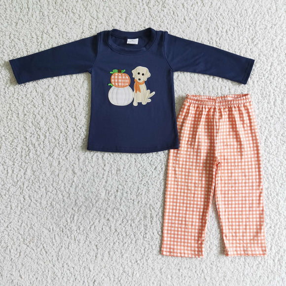 Pumpkin Dog Embroidery Navy Orange Plaid Boys Long Sleeve+Trousers Sets