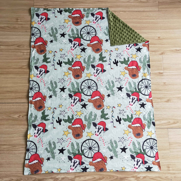 Highland Cow Cactus Green Christmas Blankets