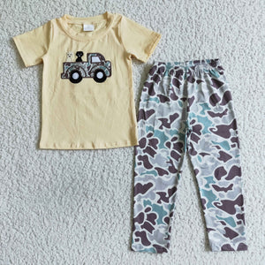 Dogs Truck Embroidery Camo Boys Short Sleeve+Trousers Sets