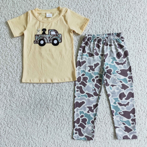 Dogs Truck Embroidery Camo Boys Short Sleeve+Trousers Sets