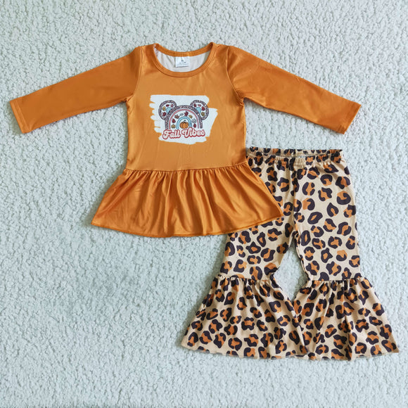 Fall Vibes Pumpkin Leopard Print Girls Long Sleeve+Trousers Sets