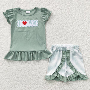 I Love Mom Stripe Green Girls Shorts Sets