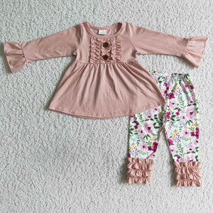 Pink Floral Legging Girls Long Sleeve+Trousers Sets