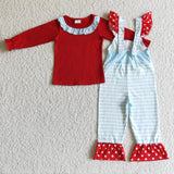 Ruffles Red Top Sky Blue Stripes Suspender Pants Sets Girls Christmas Outfits